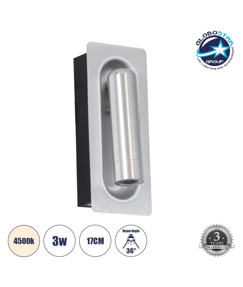 GLOBOSTAR® MANHATTAN 61099 Μοντέρνο Φωτιστικό Τοίχου - Απλίκα Ξενοδοχείου Reading Light LED 3W 405lm 36° AC 220-240V IP20 Φυσικό Λευκό 4500K - Bridgelux COB Chip & TÜV SÜD Driver - Νίκελ Βούρτσας - Μ7 x Π7 x Υ17cm - 3 Χρόνια Εγγύηση